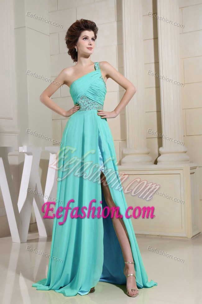 Apple Green High Slit One Shoulder Prom Holiday Dress with Ruching and Beading