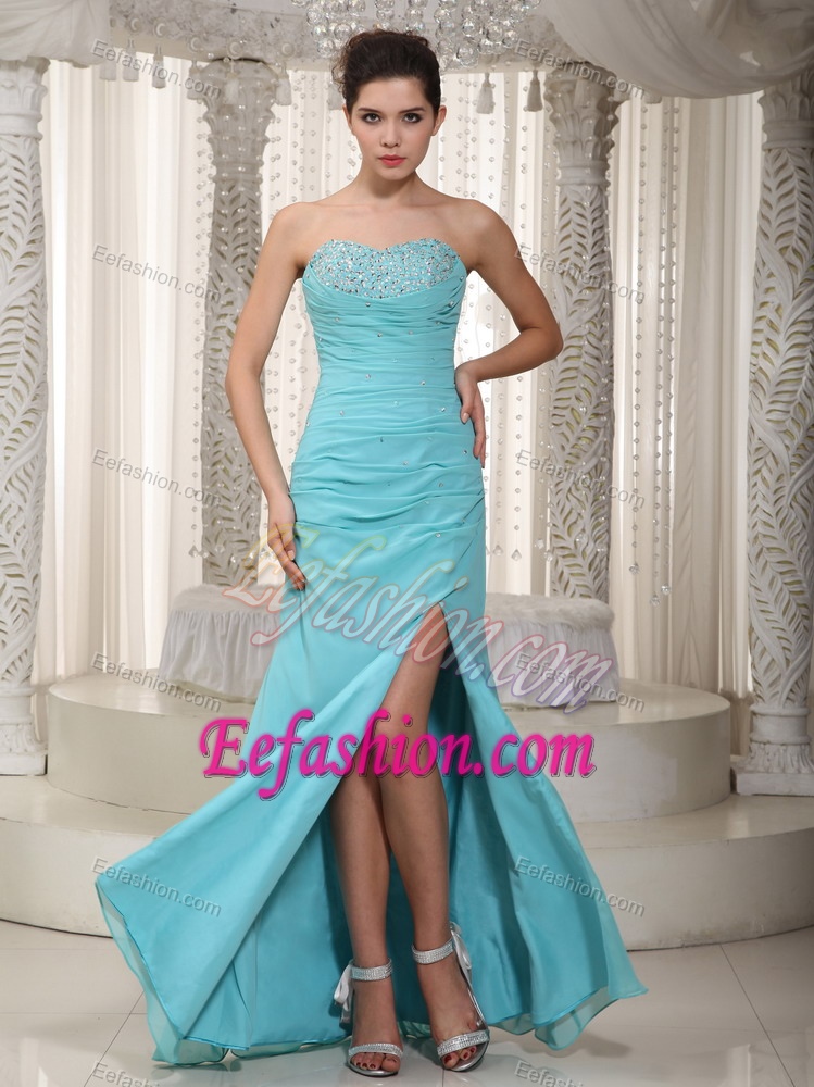 Light Blue Empire Beaded Sweetheart Long Chiffon Prom Dress with Side Slit