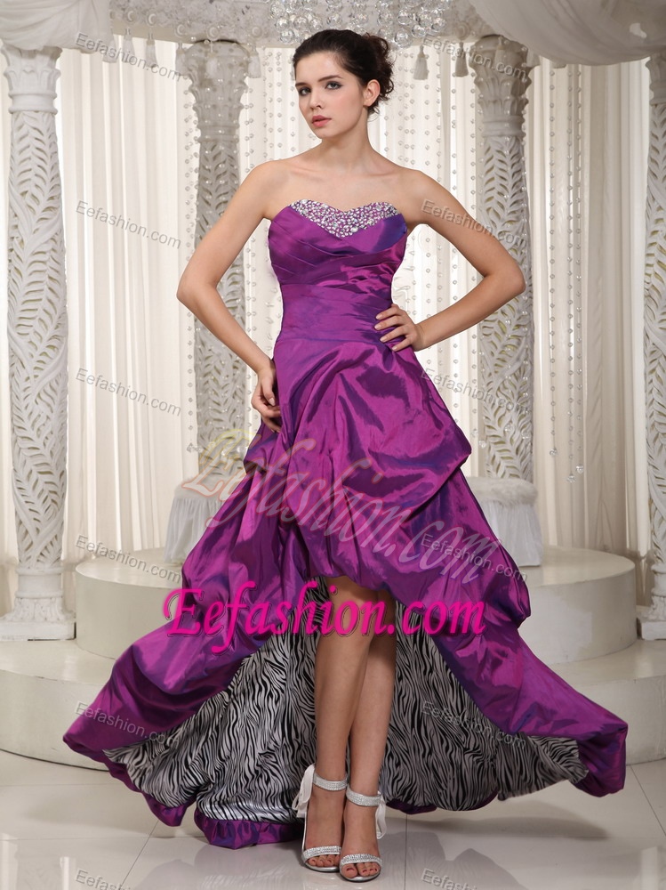 Affordable A-line Fuchsia Sweetheart Beaded Prom Outfits with High Low