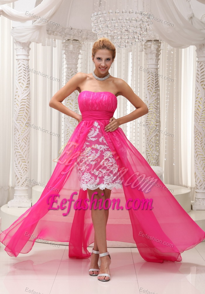 Hot Pink High Low Ruched Chiffon Lovely Prom Gown Dress with Strapless