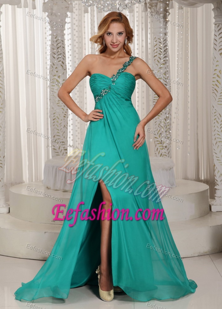 One Shoulder High Slit Ruched and Beaded Cheap Prom Dress in Turquoise