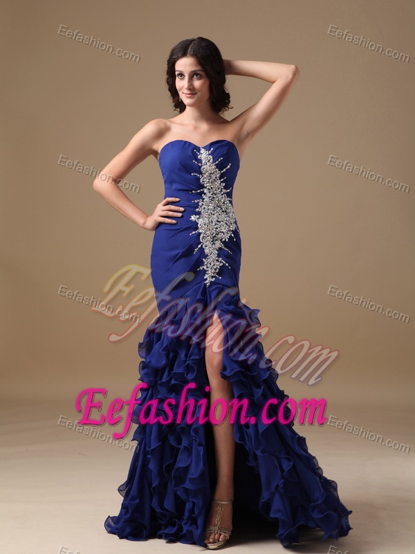 Cheap Blue Mermaid Sweetheart Chiffon Junior Prom Dress with Brush Train