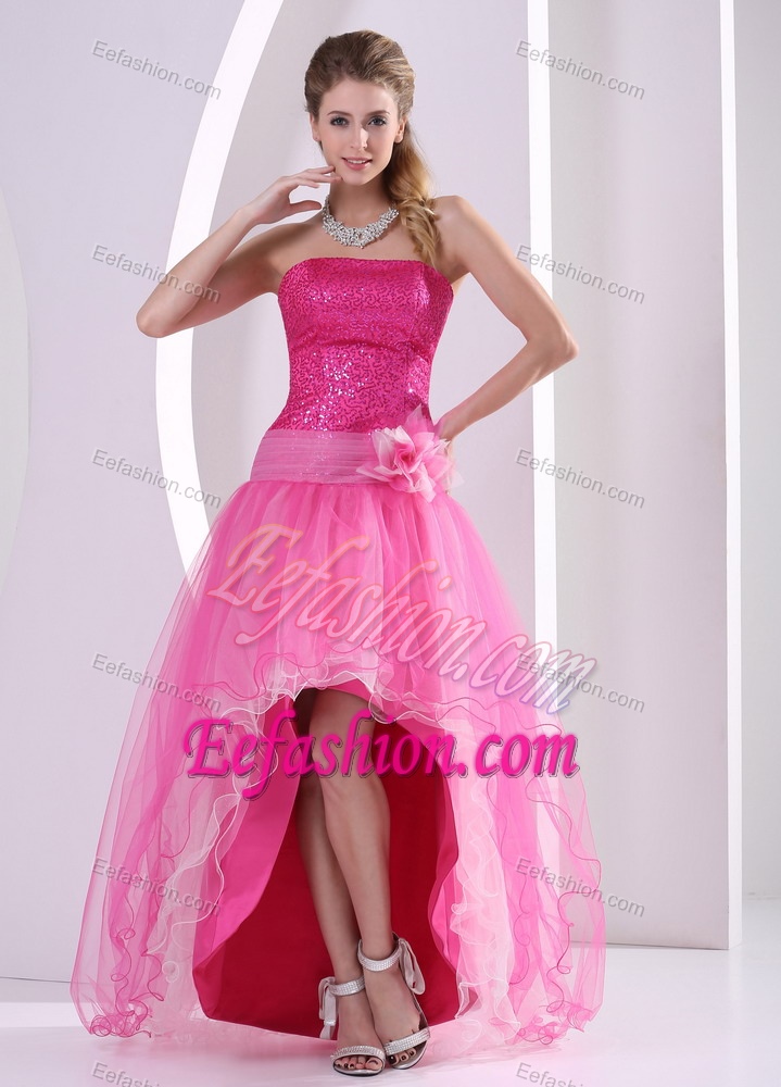 High Low Hot Pink Organza Flowers Decorate Prom Gowns with Sequins