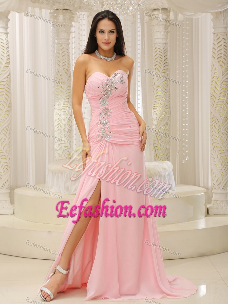 Sweetheart High Slit Prom Gown Dress for Cheap with Beading and Ruching