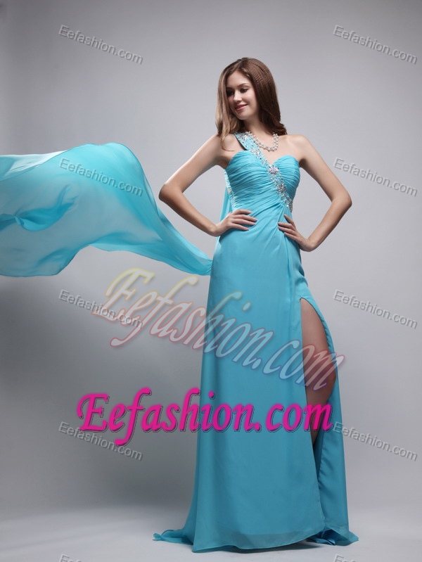 Aqua Blue One Shoulder Affordable Prom Dress with Watteau Train