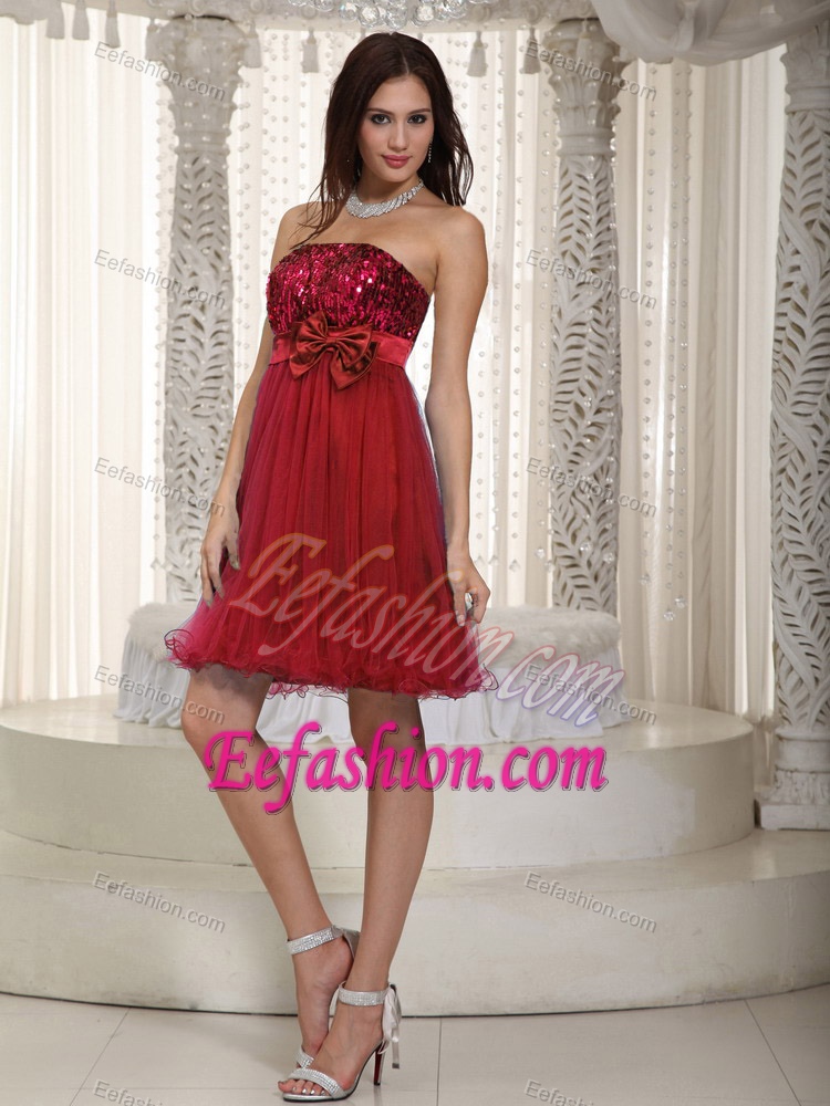 Discount Wine Red Empire Strapless Mini-length Prom Attire with Bowknot