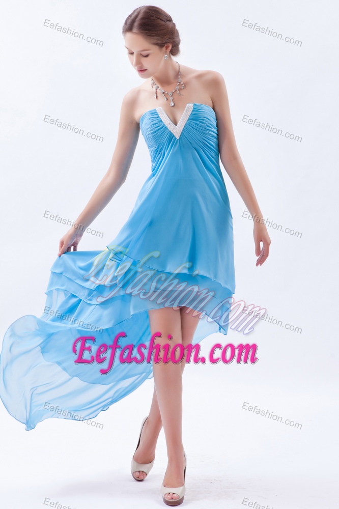 Discount Baby Blue A-line V-neck Chiffon Junior Prom Dress with High Low