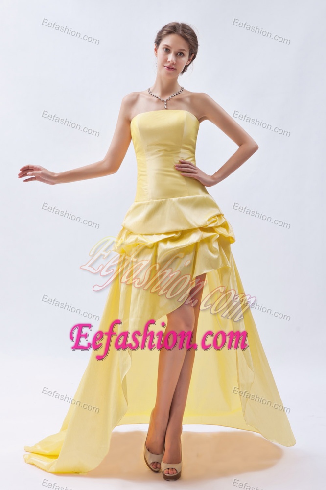 Yellow High Low Senior Prom Dresses with Strapless On Promotion