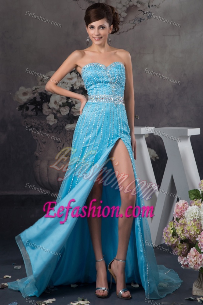 Beaded Aqua Blue Brush Train Prom Gown Dresses with High Slit On Sale