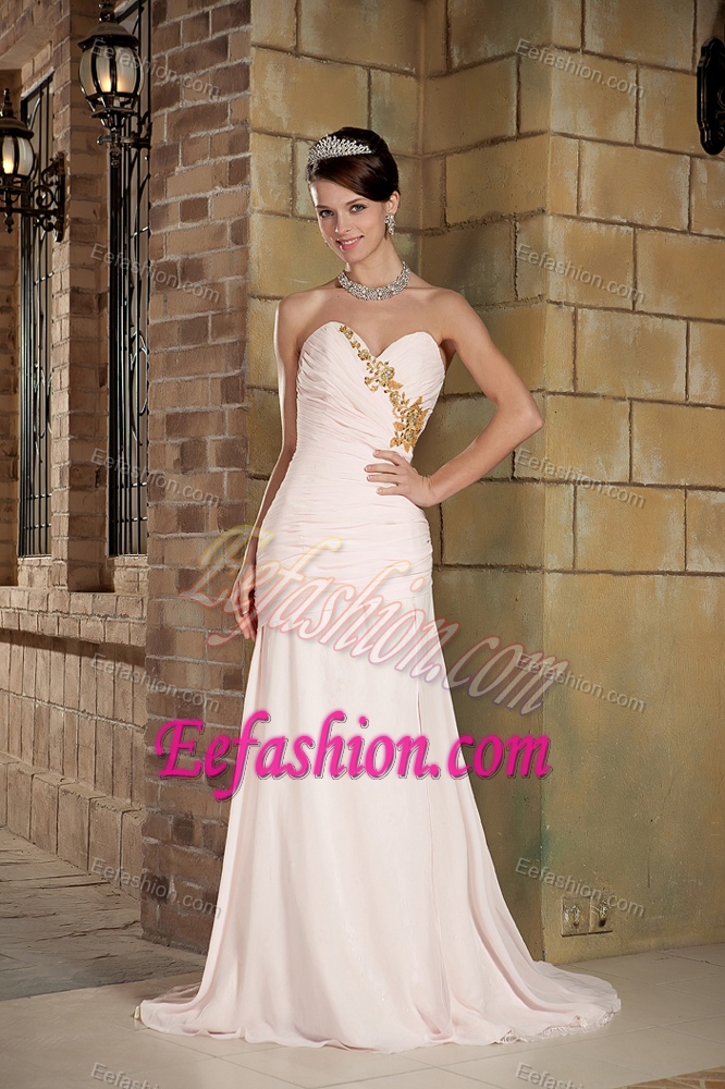 New Light Pink Sweetheart Chiffon Beaded Prom Dress with Brush Train
