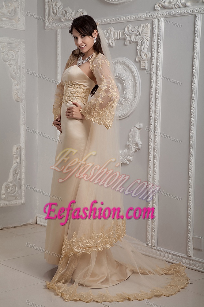 Romantic Champagne Strapless Prom Dress with Brush Train Satin Lace