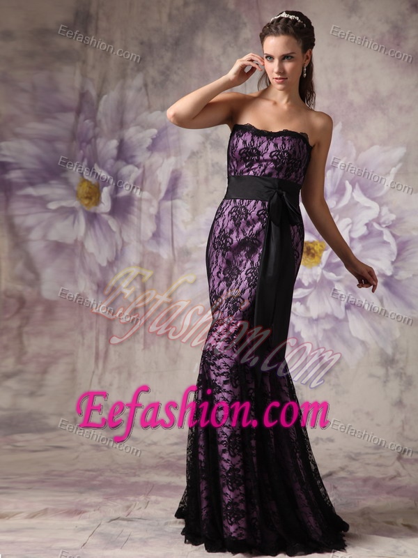 Mermaid Strapless Brush Train Affordable Evening Dress in Dark Purple with Sash