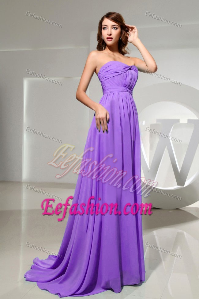 2013 Strapless and Ruched Brush Train Chiffon Classy Evening Dresses in Purple