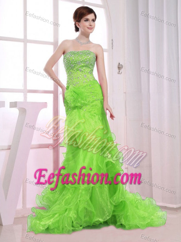Mermaid Strapless Brush Train Ruffled Summer Evening Dresses in Spring Green
