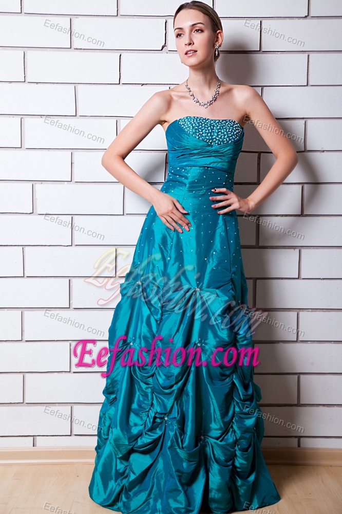 Teal A-line Strapless Long Summer Evening Dress with Pick-ups