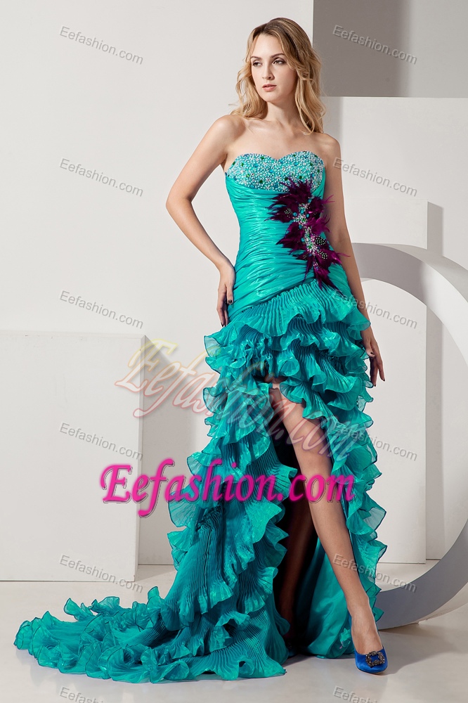 Turquoise Sweetheart Slit Beaded Summer Evening Dresses with Ruffles