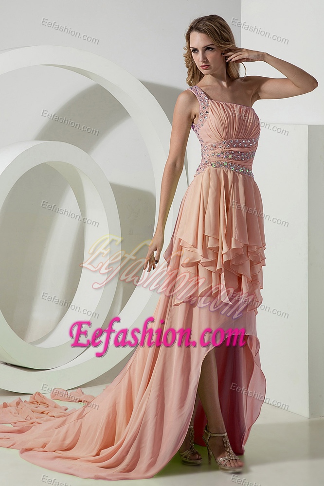Beautiful Peach One Shoulder Ruched Evening Dresses for Women with High-low