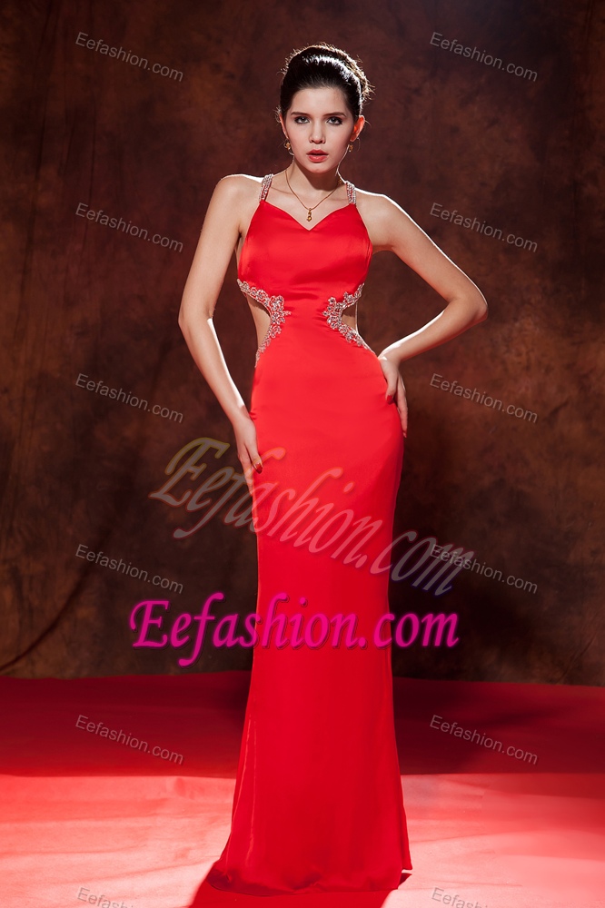 Sexy Red Spaghetti Straps Elegant Evening Dresses with Cutouts and Beading