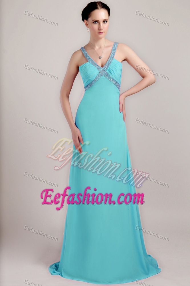 Sheath V-neck Brush Train Beading and Ruched Evening Dresses in Baby Blue