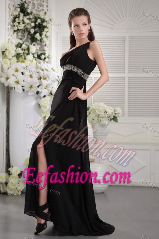 Black One Shoulder Brush Train Chiffon Evening Gown with Ruche and Beads