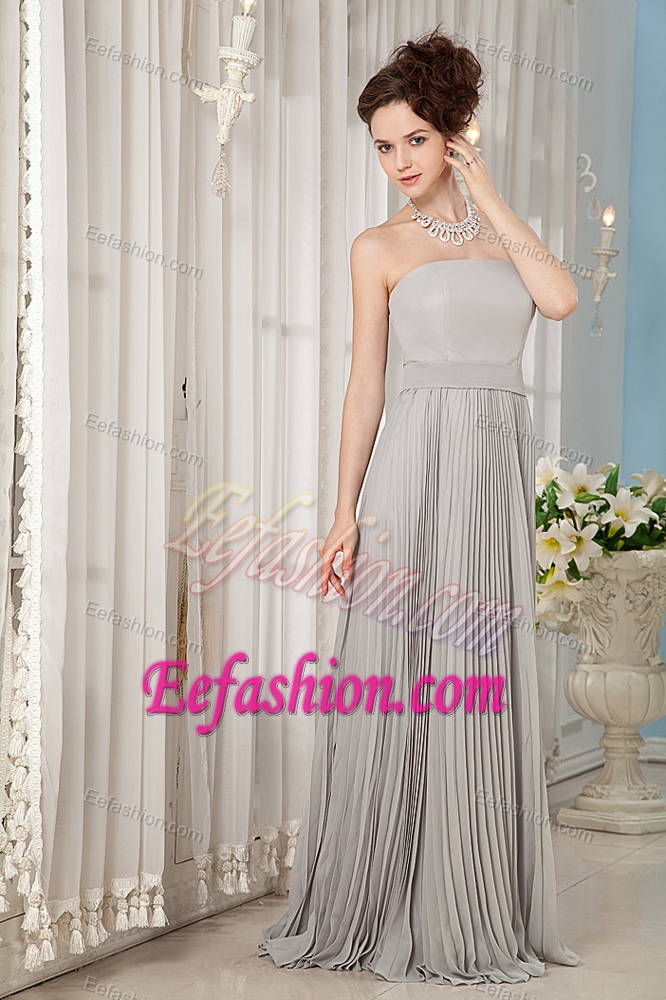 Cheap Strapless Long Chiffon Evening Dress with Pleats in Gray on Sale