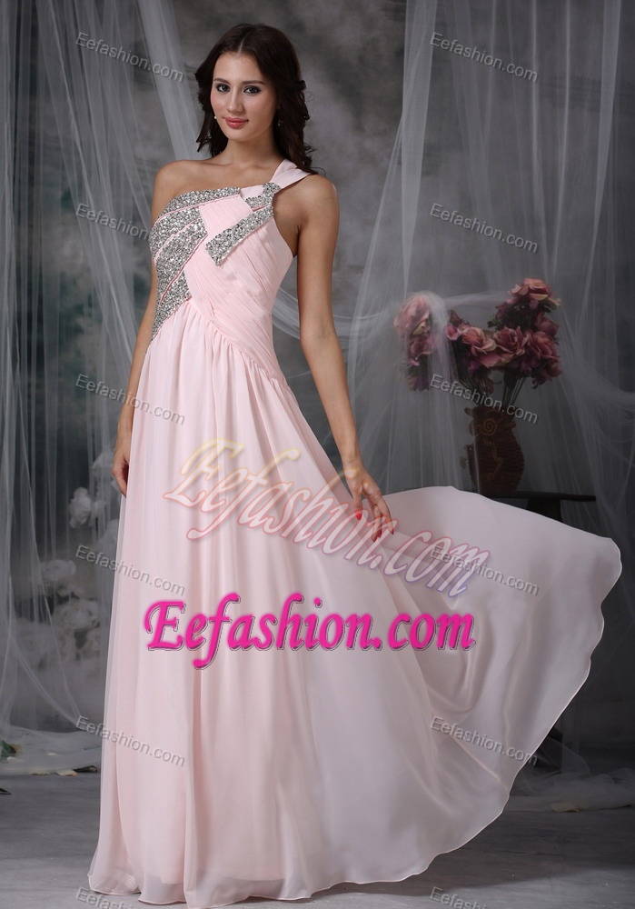 Baby Pink Empire One Shoulder Long Chiffon Prom Dress with Shining Beading