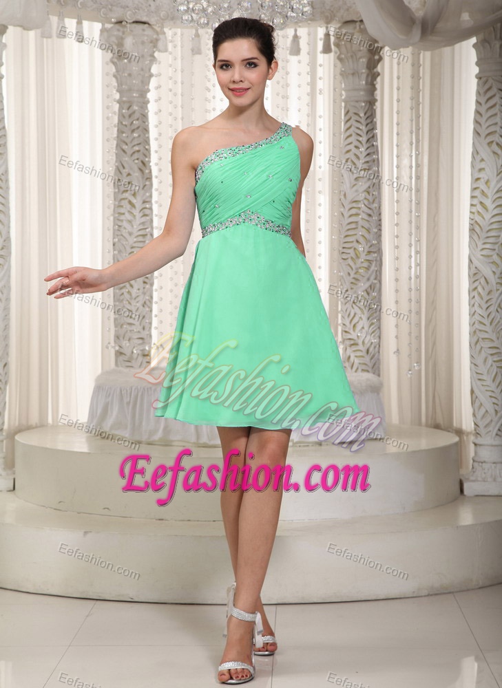 Apple Green Empire Mini-length Chiffon Prom Dresses with Beading and Single Shoulder