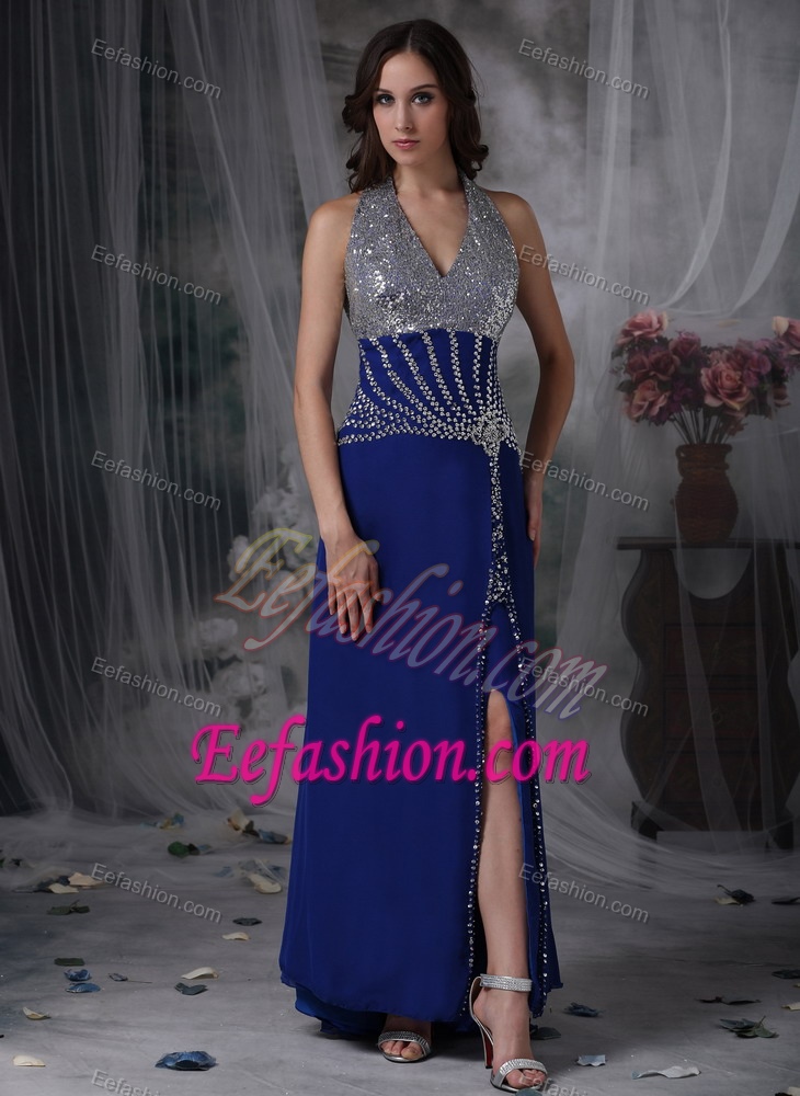 Peacock Blue Beaded Halter Top Chiffon Dress for Prom with Side Slit on Sale