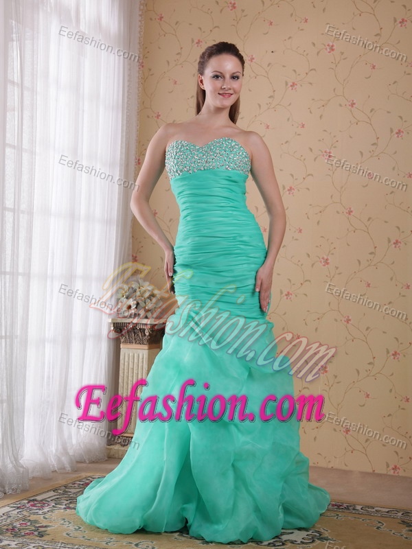 Turquoise Sweetheart Organza Prom Dress with Beading and Ruching for Less
