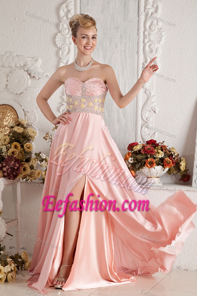 Baby Pink Sweetheart Brush Train Ruched Prom Dresses with Beading and Slit