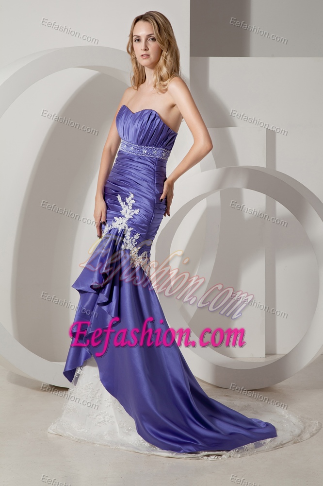 Purple Mermaid Strapless Brush Train Ruched Prom Party Dress with Appliques