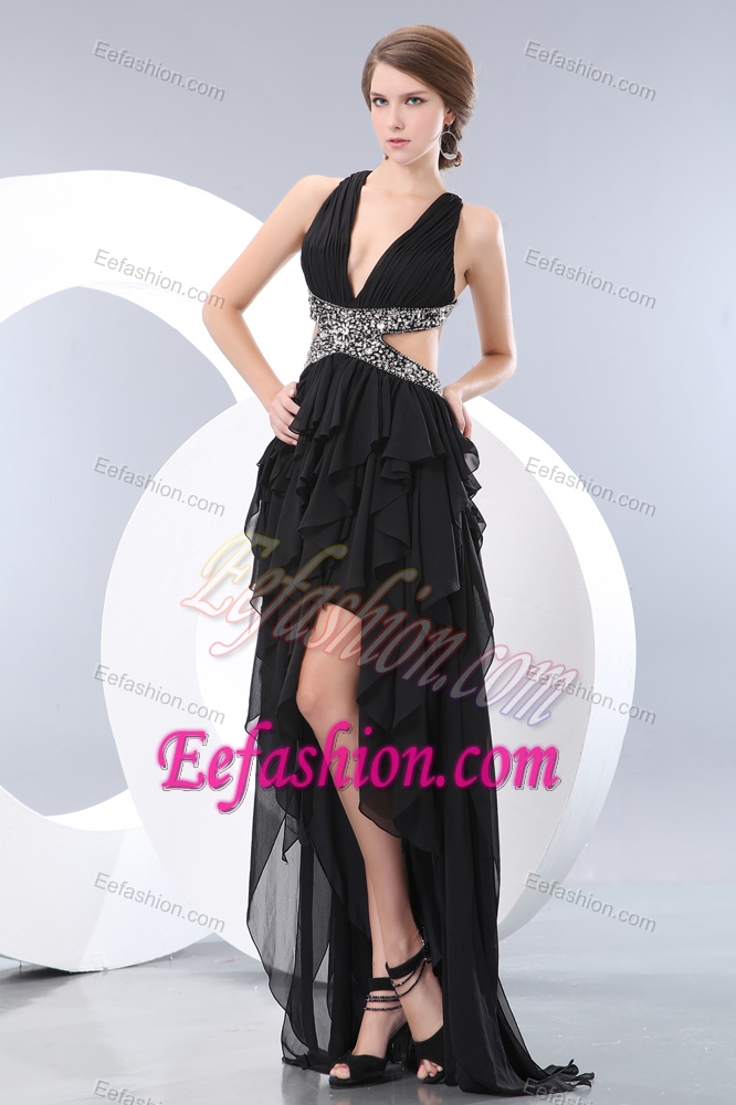 Black V-neck High-low Ruched Beaded Prom Dresses with Ruffles and Cutouts