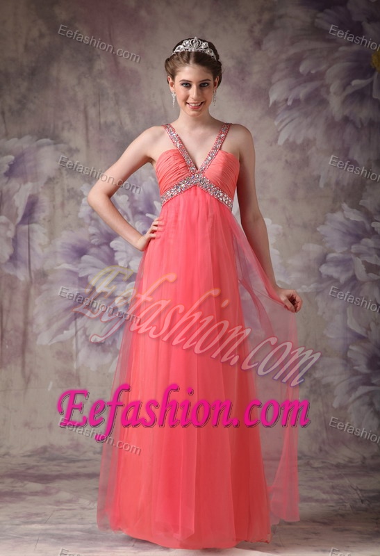 V-neck Long Watermelon Ruched Tulle Prom Holiday Dress with Beading