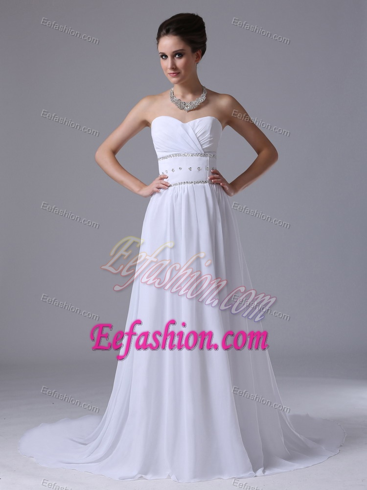 Ruched Sweetheart Court Train Chiffon Garden Wedding Dresses with Beading