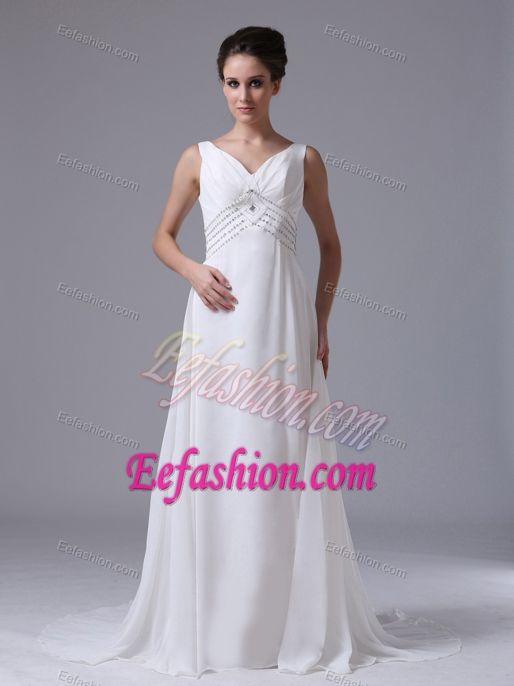 V-neck Court Train Ruched Chiffon Wedding Dresses with Beading for Cheap
