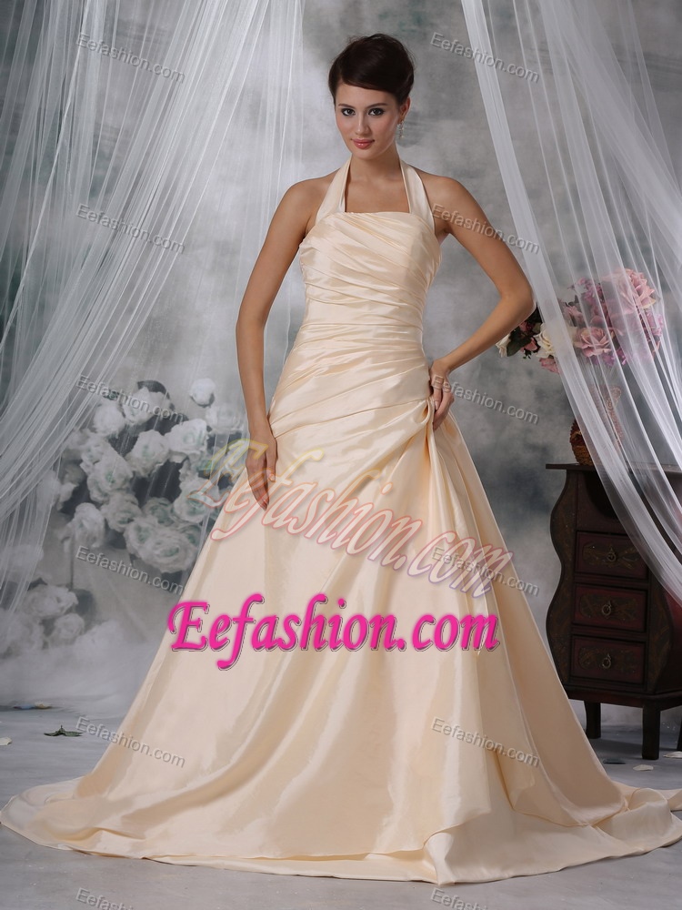 Champagne Halter Court Train Ruched Church Wedding Dress for Less