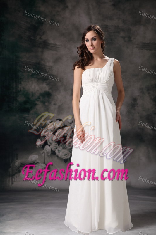 Cheap Long One Shoulder Chiffon Empire Wedding Dress with Ruching
