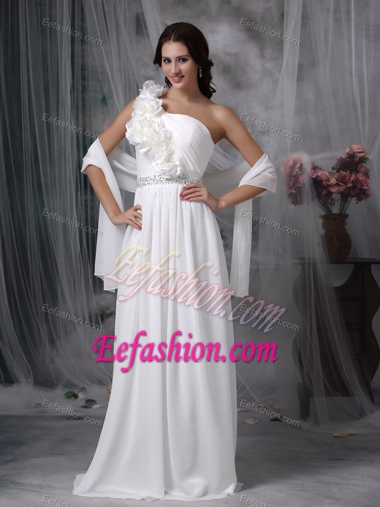 One Shoulder Brush Train Beaded Dress for Wedding with Flowers and Shawl