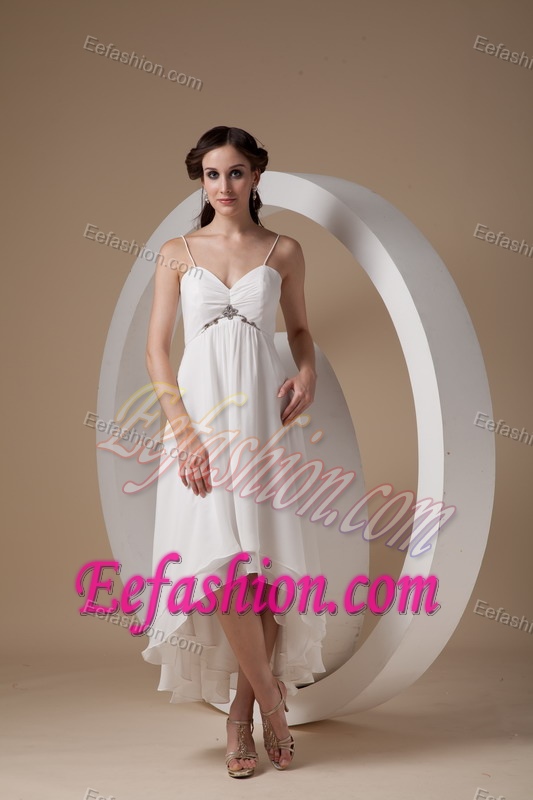 Spaghetti Straps High-low Layered Ruched Chiffon Bridal Dress with Beading