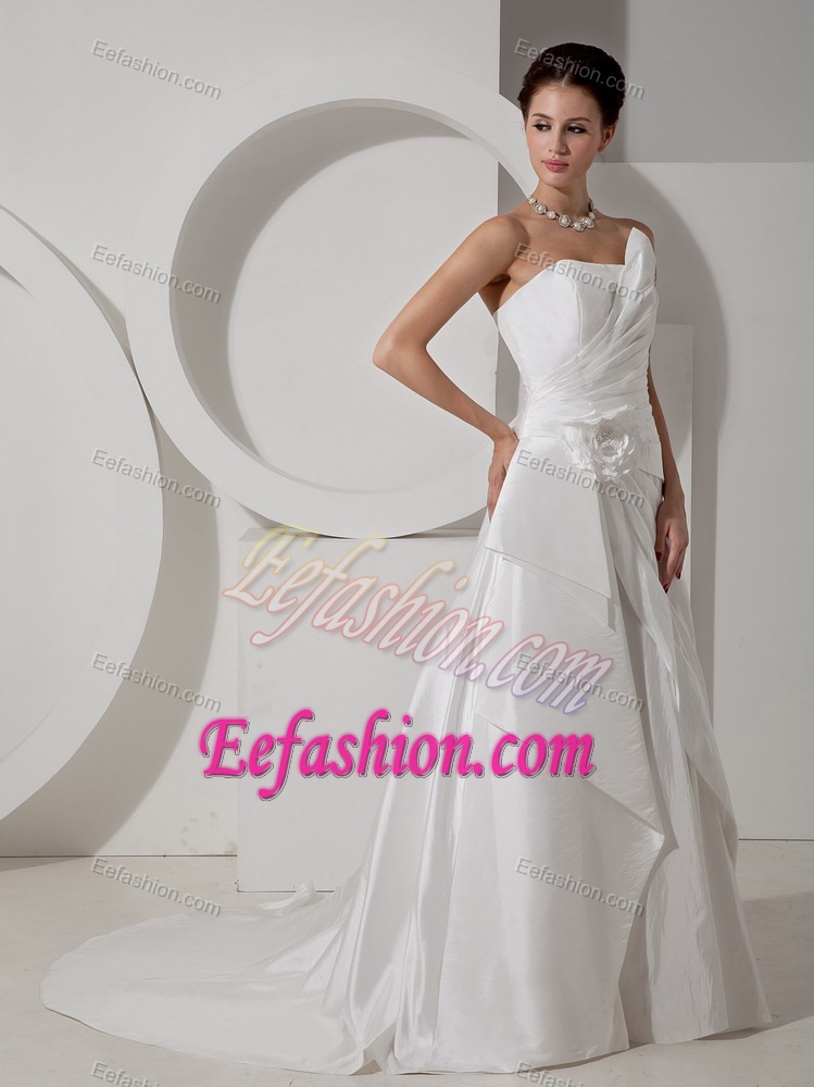 2014 New Strapless Court Train Ruched Wedding Dresses with Flower