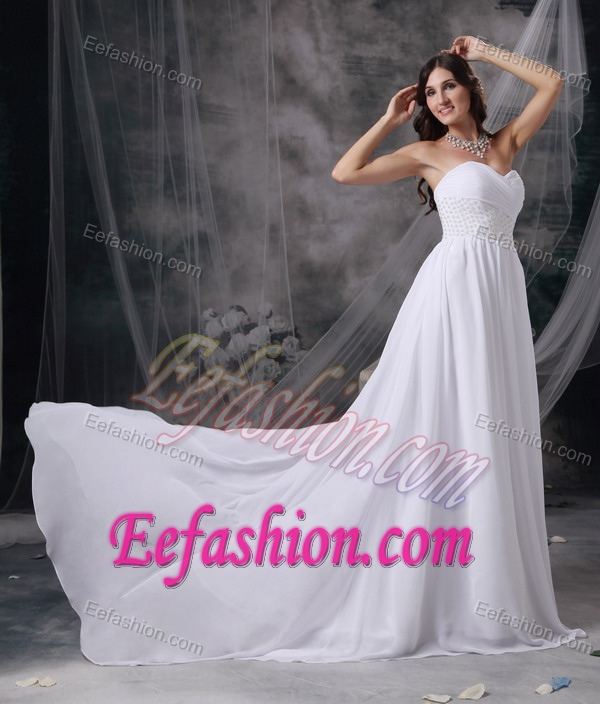 Sweetheart Court Train Ruched Chiffon Wedding Dress with Beading on Sale