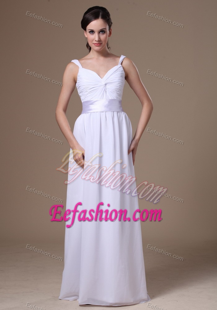 Straps Long Ruched White Chiffon Dress for Summer Beach Wedding