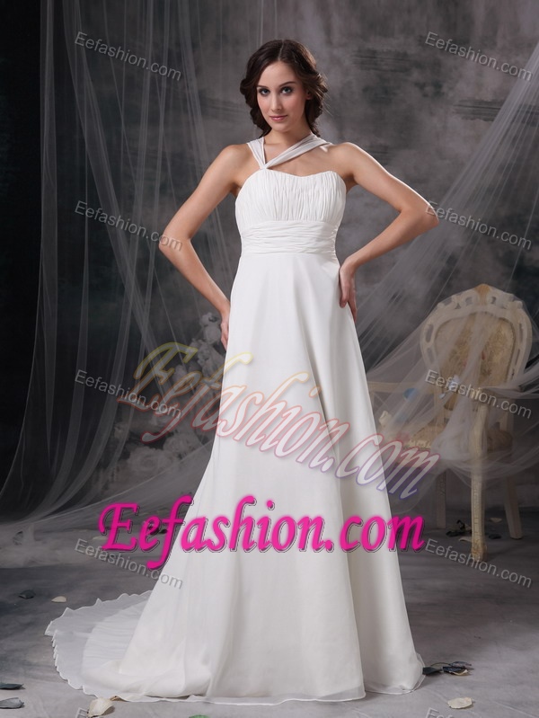 A-line Asymmetrical Chiffon Wedding Dresses with Ruche and Court Train