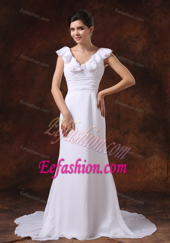 Beautiful Empire V-neck Ruched Bridal Gown with Brush Train