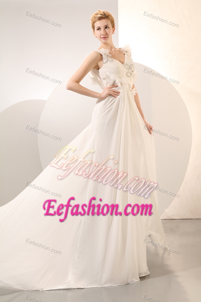 Beautiful V-neck Empire Wedding Gown with Beading and Ruche