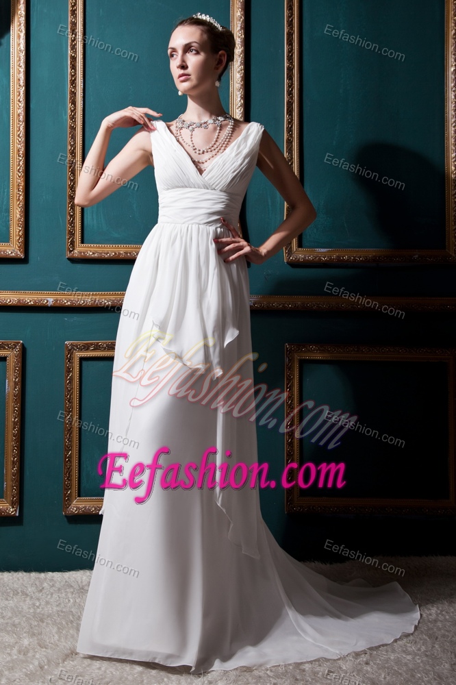 Discount Ivory Empire V-neck Wedding Dress with Ruche on Sale