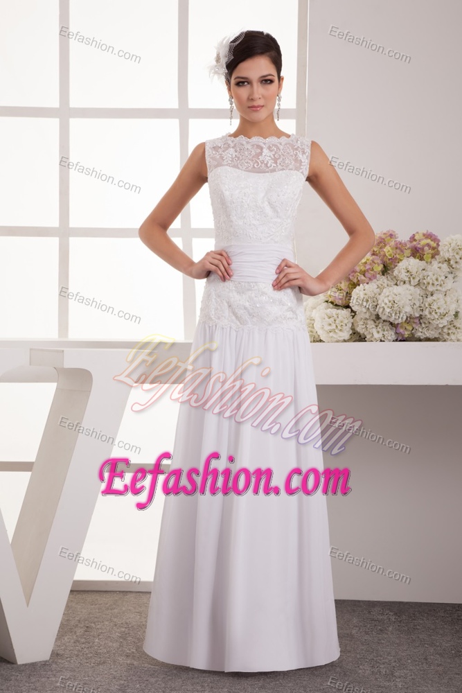 New Scoop Claps Handle Lace Wedding Bridal Gown with Ruche and Sash