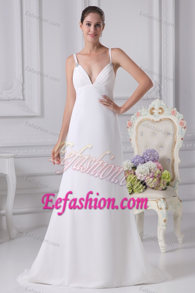 Simple A-line Spaghetti Straps Chiffon Bridal Gown with Ruche and Beading