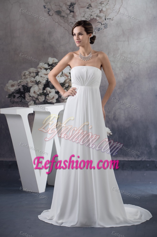 Simple Style Strapless Wedding Reception Dress with Brush Train and Ruche