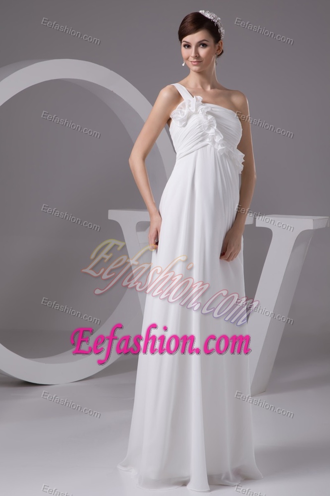 One Shoulder Chiffon Bridal Gown with Ruches and Handle Flowers on Sale